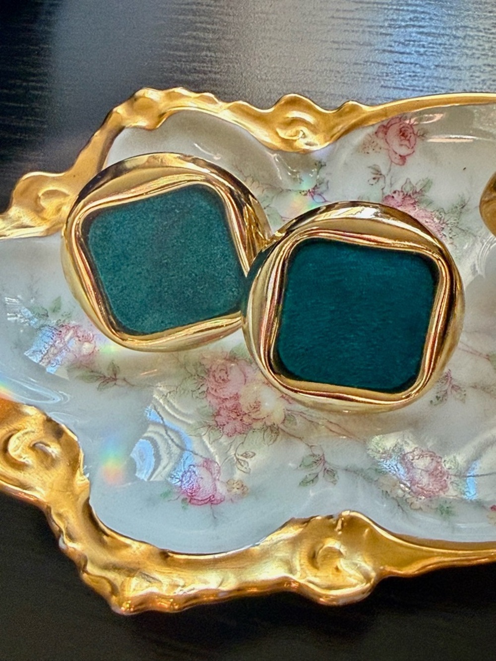 Vintage Teal Gold Tone Clip On Earrings Square Statement Retro 80s